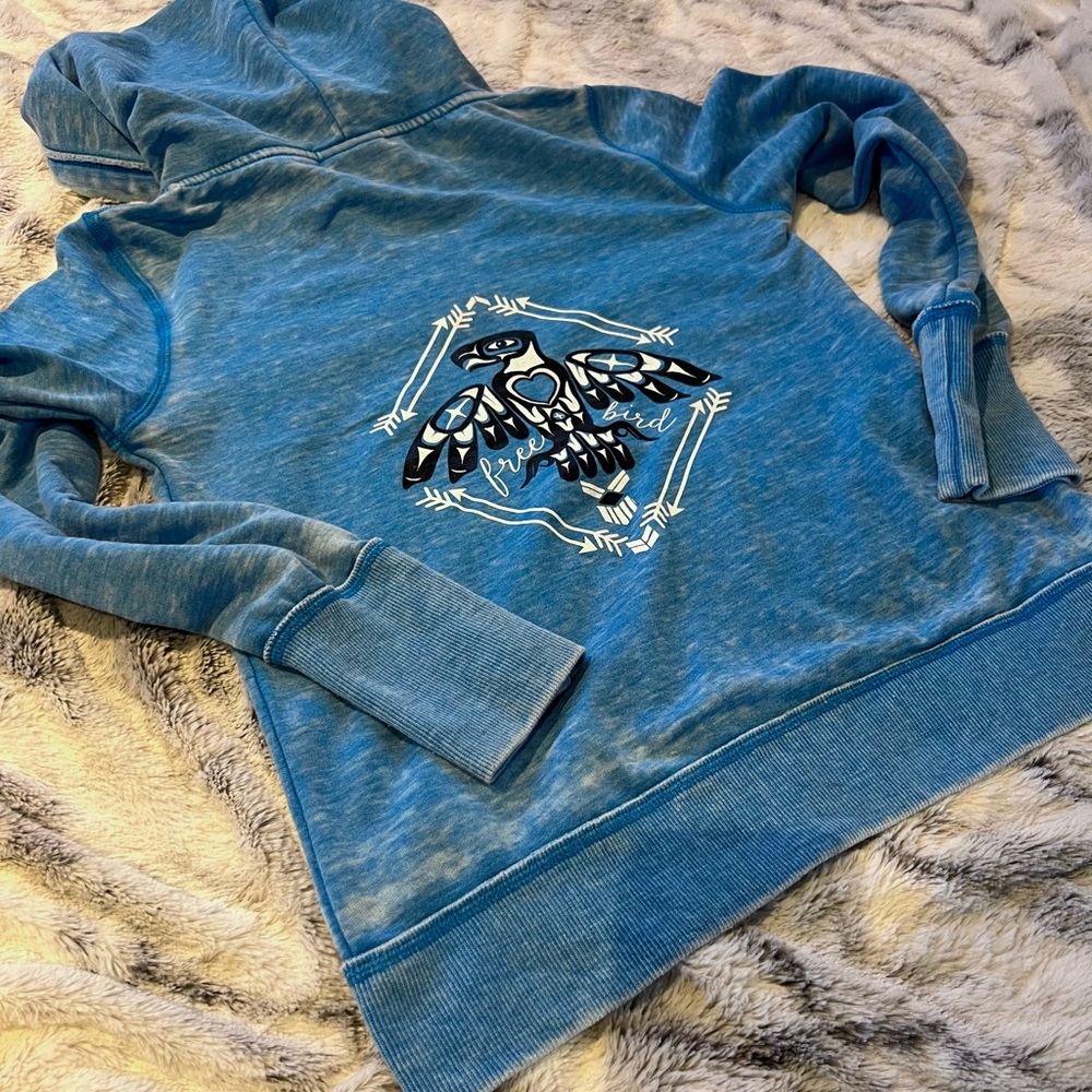 Blue Graphic Hoodie with zipper Thunderbird Motif Southwestern Free Bird Zen M